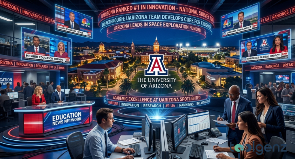 Glowing news tickers and studio monitors announce rankings and research breakthroughs above a nighttime campus skyline centered on the illuminated Block A logo.