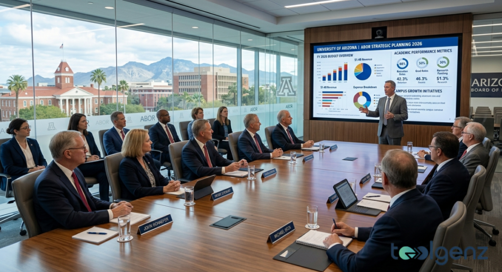 University leaders sit around a boardroom table viewing a presenter and a screen showing FY 2026 budget overviews, academic metrics, and campus growth initiatives.
