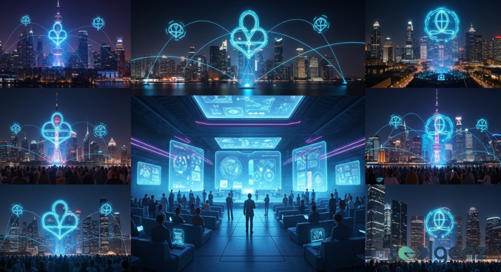 Collage of nighttime city skylines with glowing quantum symbols and a central auditorium full of attendees. Crowds gather for live talks as holographic icons link landmarks across continents.