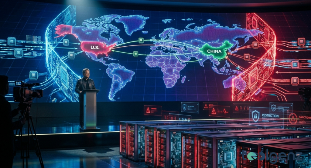 A world map highlights U.S. and China with trade routes, restriction alerts, and sanction icons over server racks.