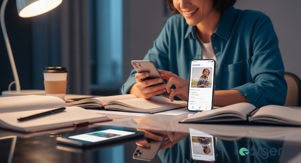 A smiling woman sitting at a desk with several open physical notebooks, looking at her smartphone. The phone screen displays a "Journal" app with a welcoming cover photo.