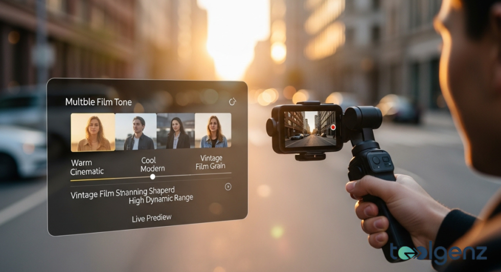 A creator films a golden-hour city street while a floating UI shows film tone presets like Warm Cinematic and Vintage Film Grain.
