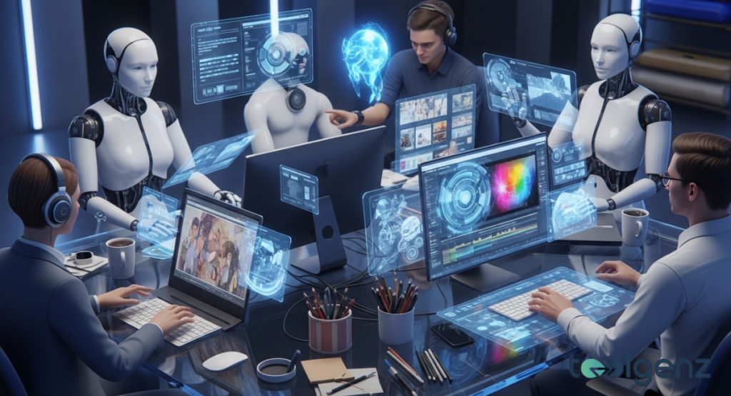 Human developers work alongside humanoid robots in a sleek, high-tech laboratory filled with glowing holographic data interfaces. This image highlights the synergy required for a successful new technology campaign in the field of robotics.
