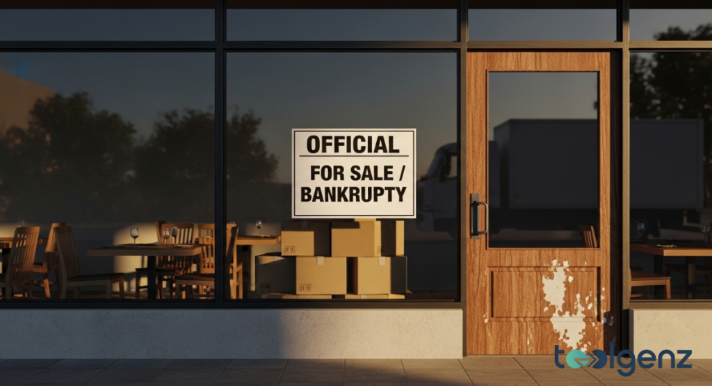 The storefront of Gina Maria's, now showing a clear 'Official For Sale / Bankruptcy' sign and stacks of cardboard boxes in the window.