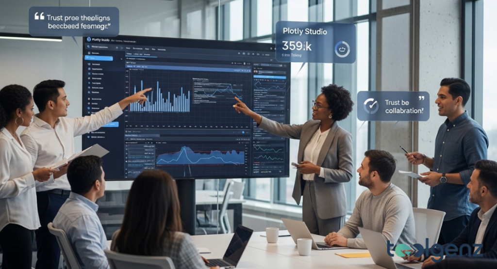 A diverse group of business professionals standing around a large digital whiteboard, pointing at real-time market trends. Speech bubbles above them show metrics and collaborative feedback.