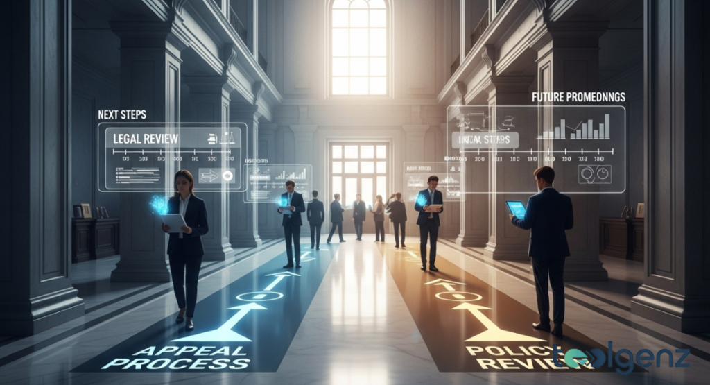 People in a marble hall walk along illuminated paths labeled “APPEAL PROCESS” and “POLICY REVIEW” with holographic timelines.