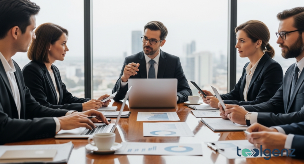 Corporate executives in a bright, modern boardroom engage in a serious discussion over laptops and printed reports. The setting reflects the formal side of industry-level financial forecasting.