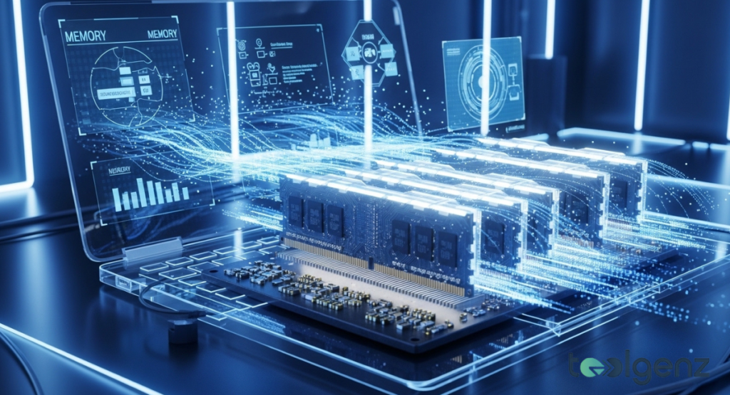 A 3D blue-tinted visualization showing hardware memory modules glowing as data streams pass through them. The internal circuitry of a laptop is represented by digital light paths.