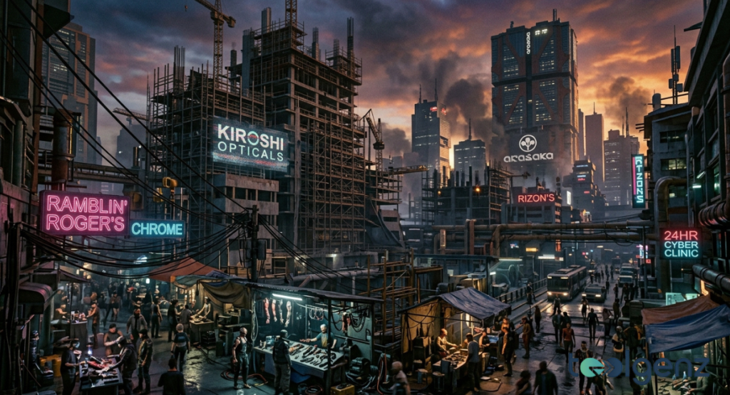 Crowded market street at dusk with chrome clinics, Rizon’s, and Kiroshi Opticals signs beneath Arasaka towers and cranes rebuilding the skyline after decades of conflict.