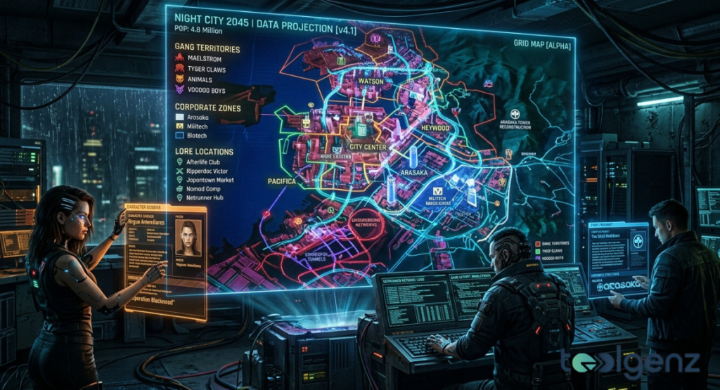 Three operators study a massive “Night City 2045 Data Projection v4.1” grid map showing gang territories, corporate zones, and lore locations like the Afterlife Club and Arasaka Tower.