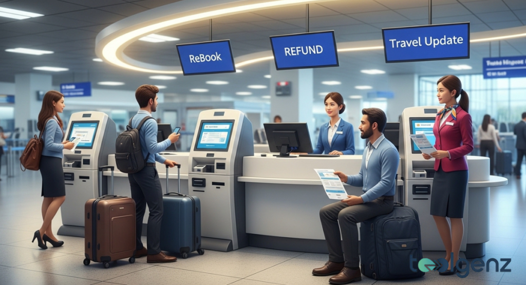 Travelers stand at modern self-service kiosks with blue signs overhead for ReBook, REFUND, and Travel Update services.