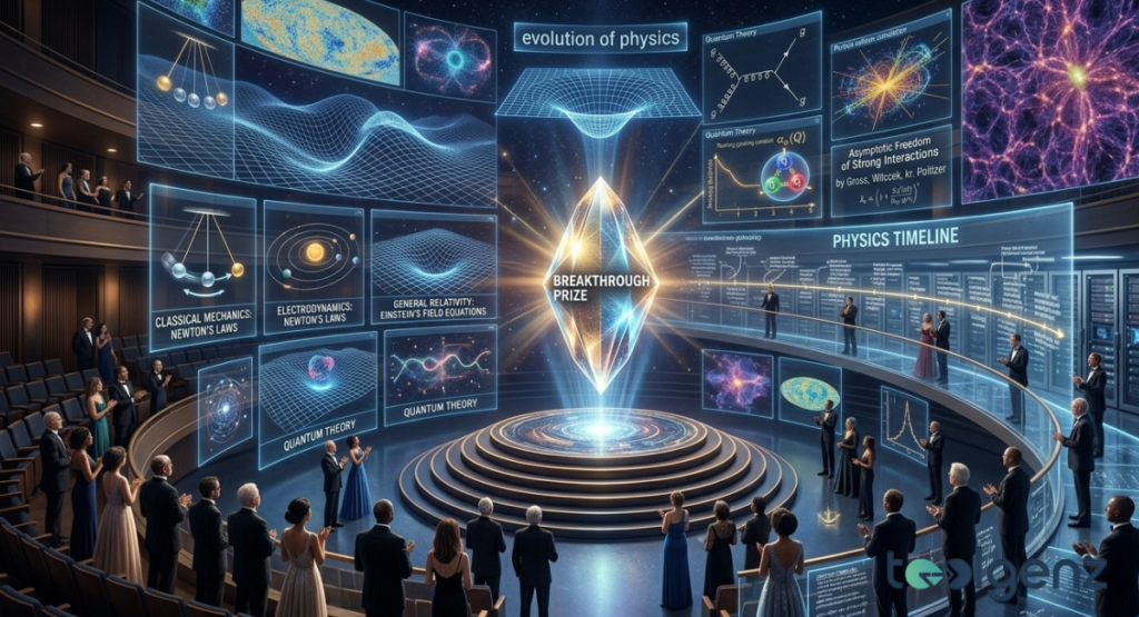 Audience in formal wear views a curved digital timeline spanning Newton’s laws to quantum theory,