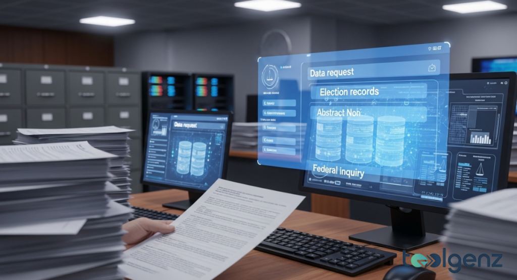 An office desk holds stacks of paper files while monitors display “Data request,” “Election records,” and “Federal inquiry.”