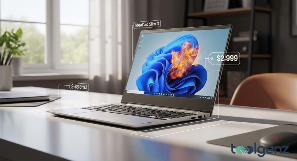 A close-up side view of a slim silver laptop open on a white table with a blue abstract wallpaper. Digital price tags and spec labels hover around the screen to highlight recent deals.