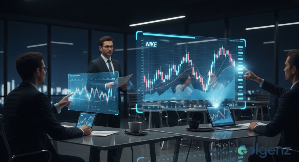 Three analysts in a dark office interact with floating holographic Nike stock charts. Two seated men point at glowing candlestick graphs while a standing colleague observes.