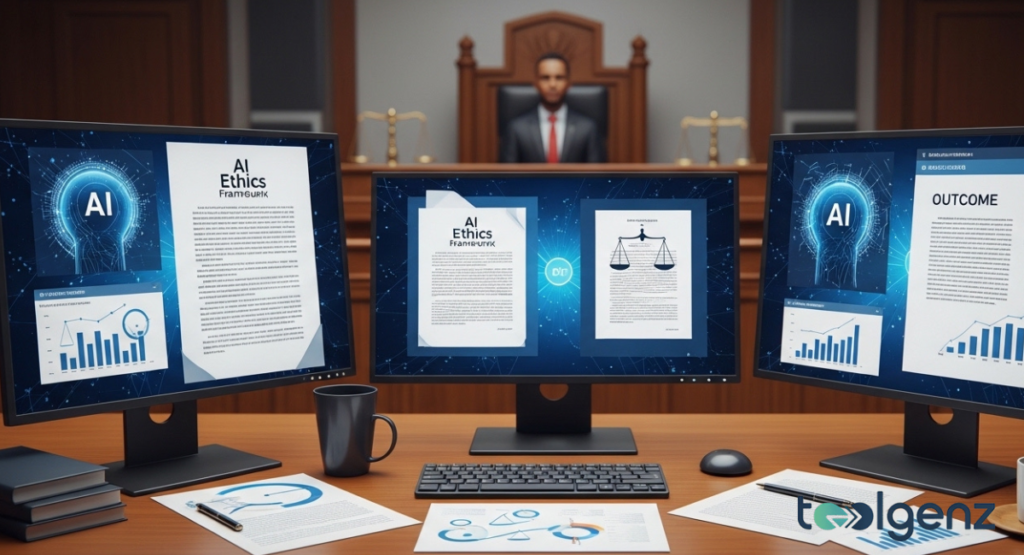 A courtroom setting with a judge in the background and foreground monitors displaying "AI Ethics Framework" and "OUTCOME" documents.