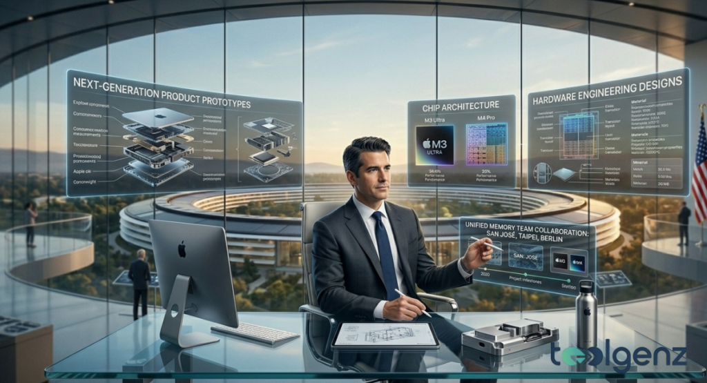 Executive stands on a glass platform at Apple Park with holographic panels showing iPhone evolution, Apple Silicon gains,
