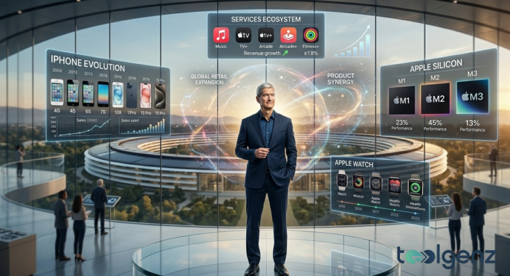 A design lab table displays iPhones, Apple Watches, and smart glasses with M Series chip holograms