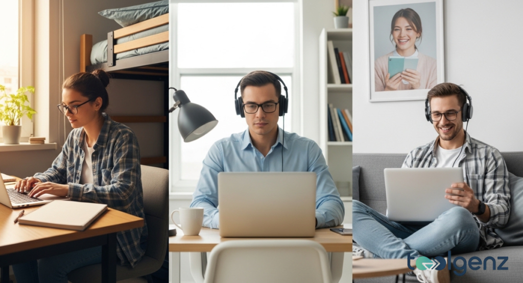 A three-way split screen showing a student in a dorm, a professional at a desk, and a casual user on a sofa. Each person is actively using a laptop for their specific needs.