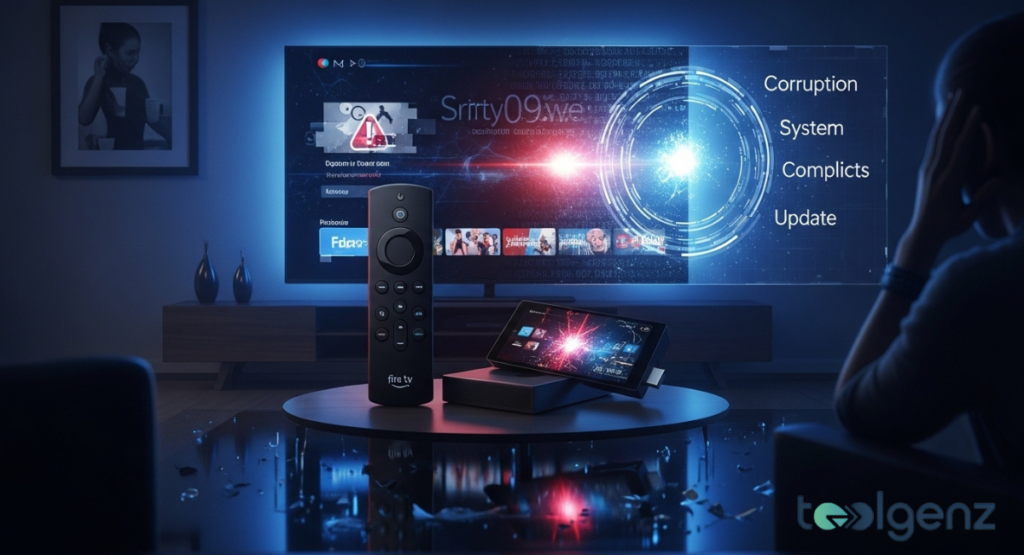 A frustrated user sits in a dark living room facing a TV screen with error warnings and system conflict alerts. A Fire TV remote rests on a table beside a tablet showing a crash screen with red and blue light.