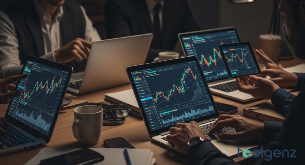 A group of analysts gathered around laptops and tablets in a dimly lit room, focusing on volatile market trends. The atmosphere suggests urgent, collaborative strategy sessions during market shifts.