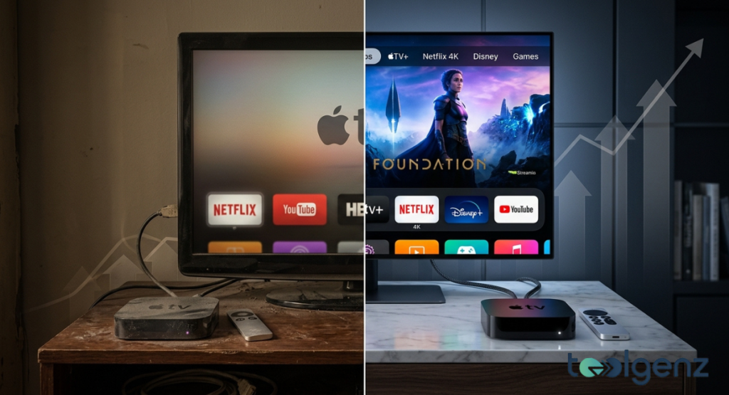 Split-screen comparison of a dusty old streaming box on a worn desk versus a sleek new device on marble. The left shows a dim HD interface, the right shows vibrant 4K content with upward growth arrows.
