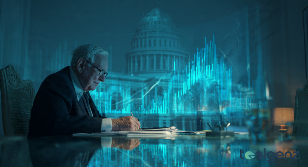 An older man reviews documents at a glass desk while blue financial charts and the U.S. Capitol loom behind him.