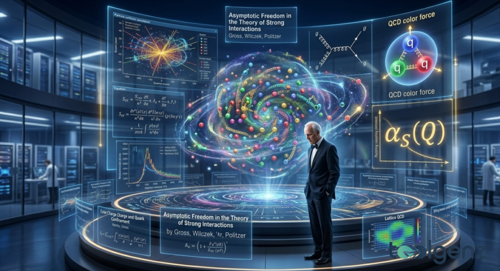 Physicist stands before a circular holographic interface displaying quark interactions, QCD color force,