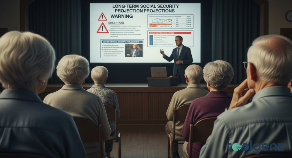 A presenter stands before an audience of seniors, displaying a slideshow about long-term benefit warnings and projections.