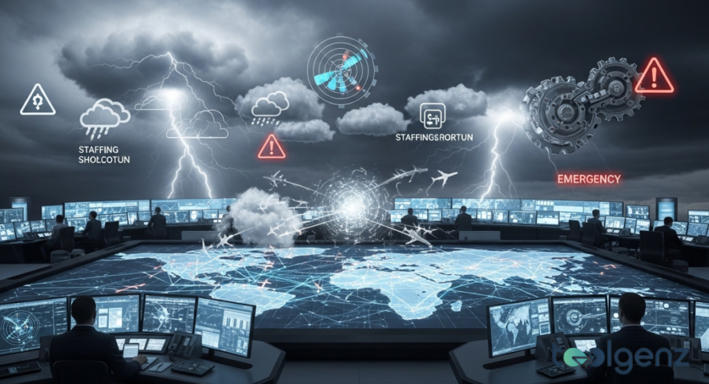 An operations center monitors lightning and storm icons over a world map, highlighting weather-related staffing and emergency alerts.