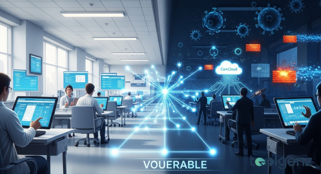 A split-screen view showing a clean medical office on one side and a dark, virus-themed digital landscape on the other.