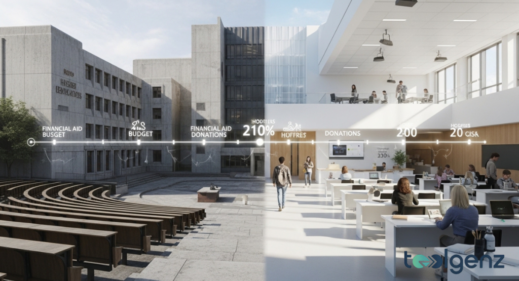 A split view shows a stark concrete lecture hall on the left and a bright, modern learning lab on the right. A timeline marked “Financial Aid Budget” to “Donations” connects old constraints to new opportunities.