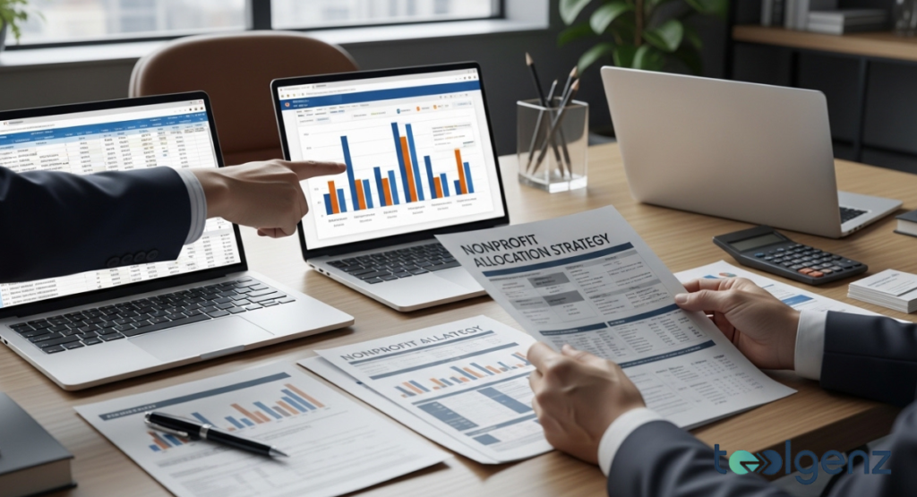 A professional workspace where a person points to a bar chart on a laptop screen titled "NONPROFIT ALLOCATION STRATEGY."