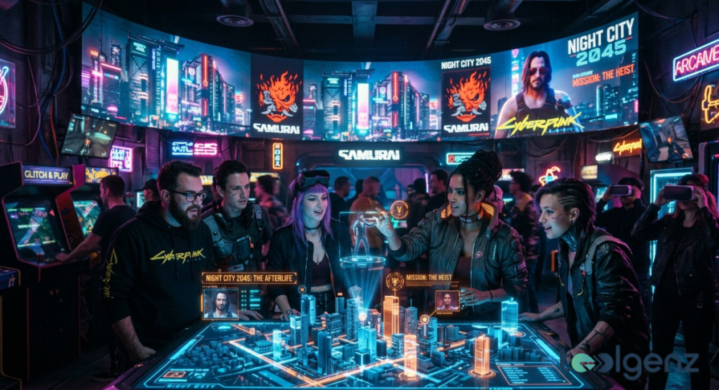 Players in Cyberpunk gear gather around a holographic tabletop map labeled “Night City 2045: The Afterlife”