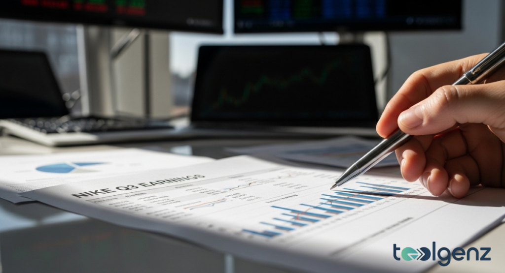 A hand with a pen points to blue bar charts on a printed “NIKE Q3 EARNINGS” report. Blurred laptops and a line graph glow in the background of a bright office.