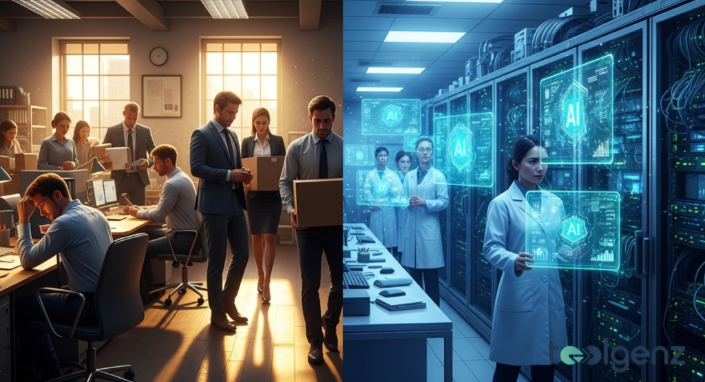 Split scene: stressed workers carrying boxes on the left, scientists in a lab on the right. Cool blue holograms display AI icons beside server racks.