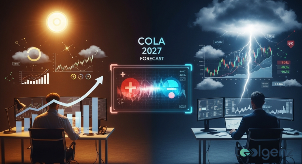 Social Security COLA 2027 projections shown on digital screens with a split-screen effect representing economic growth and market volatility.