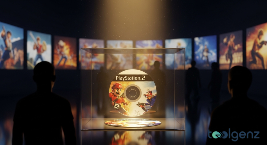 A spotlighted game disc sits in a glass case surrounded by a gallery of iconic character art on curved screens.