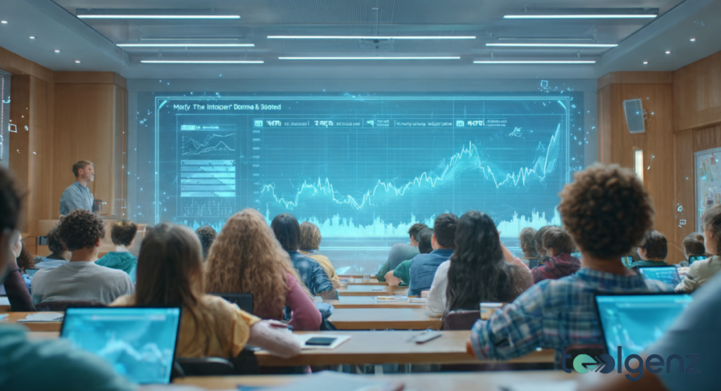 Students in a modern classroom watch a large holographic display of rising financial charts and data. The lesson connects historical examples of discipline to today’s tools for building wealth.