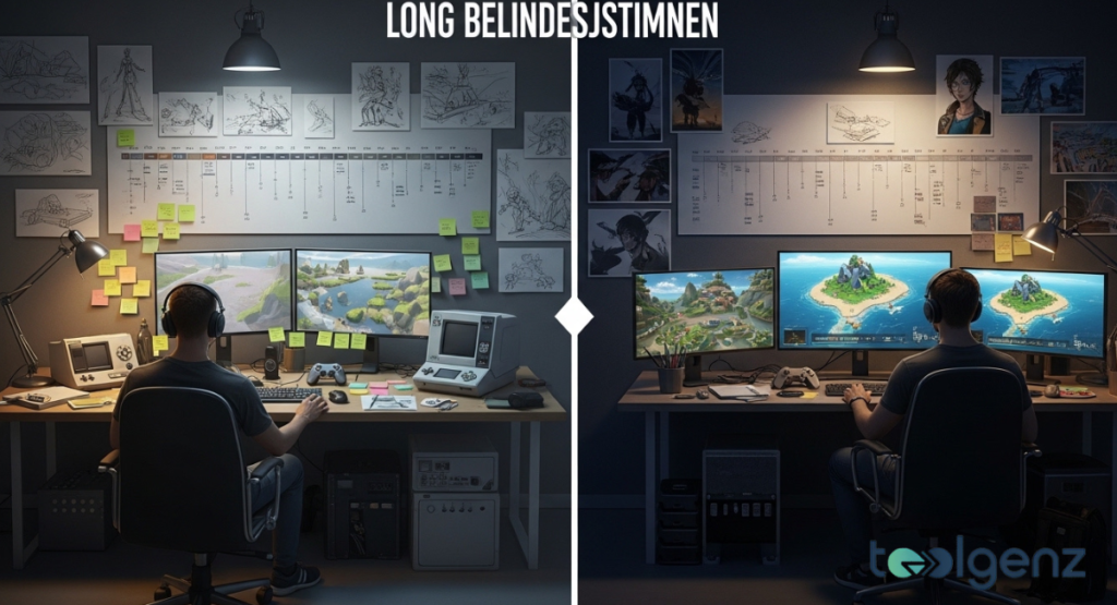 Split view of a game developer at a cluttered desk in 2016 versus a modern setup in 2025, both showing island design work.