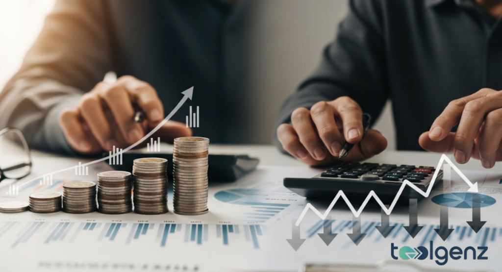 Close-up of hands using a calculator next to stacks of coins and a fluctuating line graph on a desk.