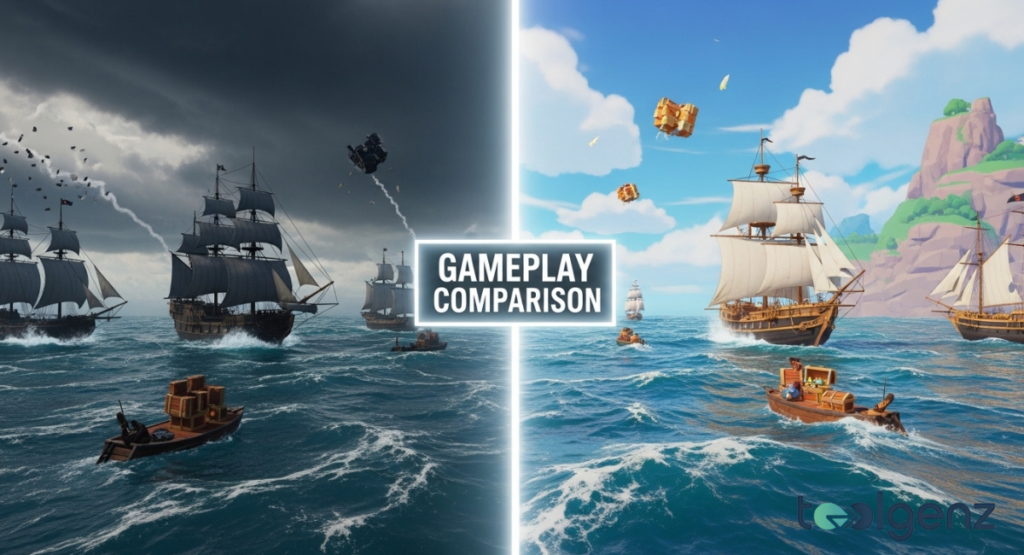 A split-screen ocean shows dark stormy naval battles on the left and bright stylized treasure runs on the right.