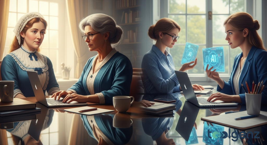 A split-screen illustration showing women from different eras, from the 19th century to the modern day, working on computers.