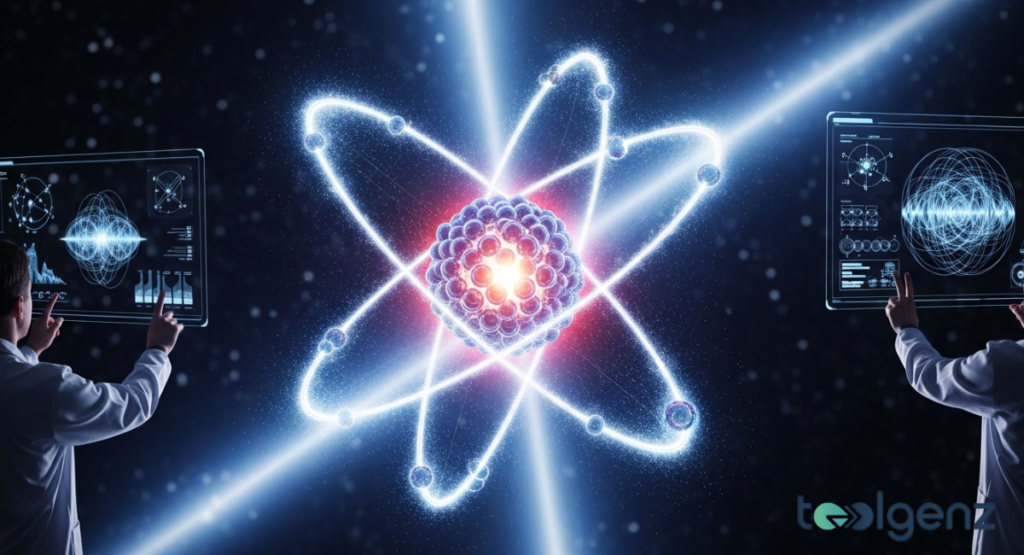 Two researchers interact with floating holographic screens beside a large glowing atom model. Bright energy beams and orbiting electrons visualize quantum mechanics in deep space.