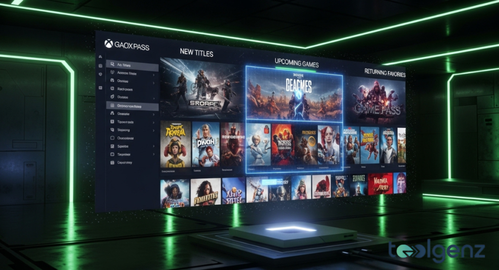 Wide display in a dark server room showing three columns: New Titles, Upcoming Games, and Returning Favorites.