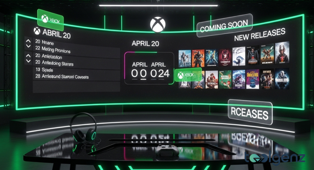 Futuristic studio with a large curved screen showing a release calendar for April 20 and a grid of upcoming game covers.