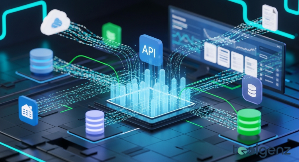 A 3D architectural visualization of a central API hub connecting cloud storage, local databases, and various web services. Light-speed data streams show the efficiency of modern integration.