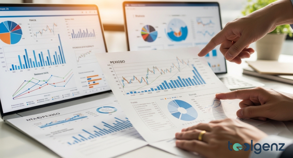 Two professionals reviewing detailed financial reports and colorful data charts on a laptop and printed documents. The analysts are pointing at specific growth trends within the emerging market sector.