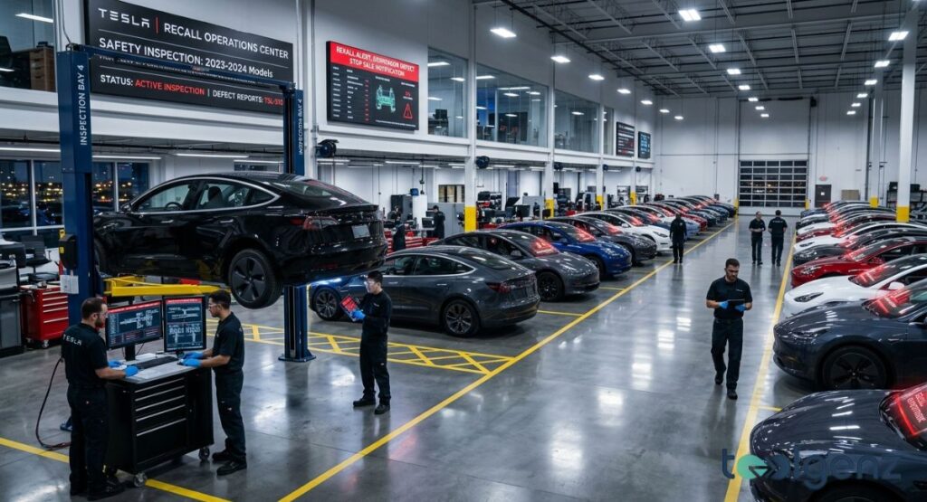 Technicians inspect Tesla vehicles in Recall Operations Center with “Stop Sale Notification” and defect alerts.