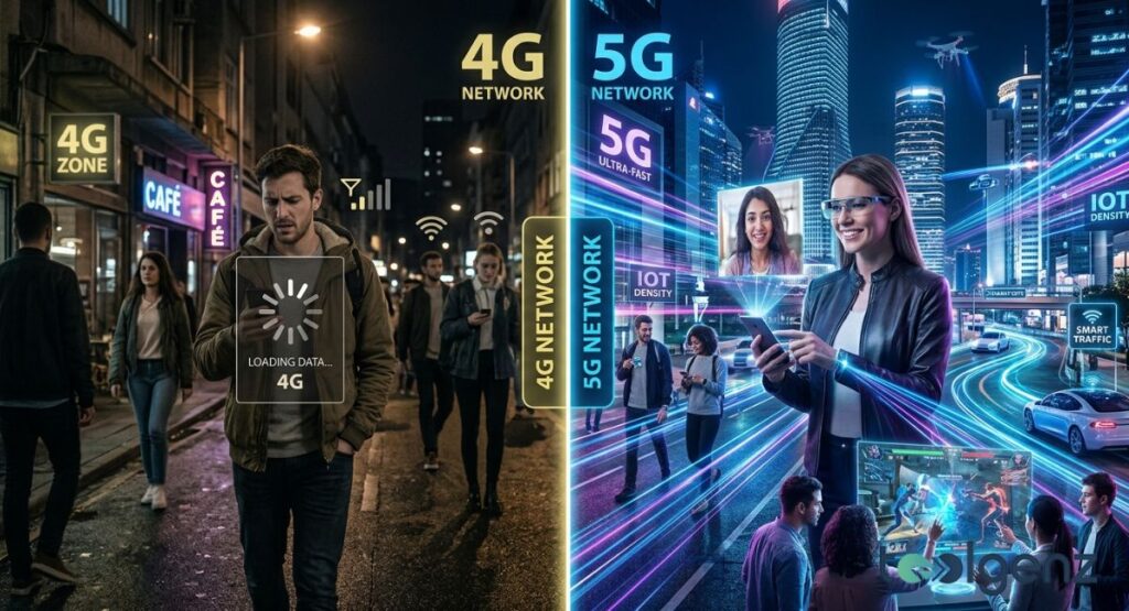 Split-screen street scene shows a man frustrated with 4G buffering next to a woman on 5G streaming AR video.
